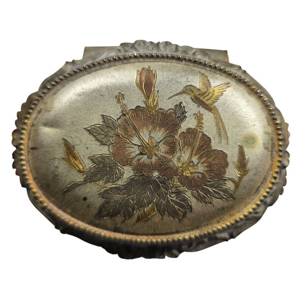 Vtg Sankyo Metal Footed Music Box Floral Hummingbird Engraved "Anna" Evergreen - Picture 2 of 8